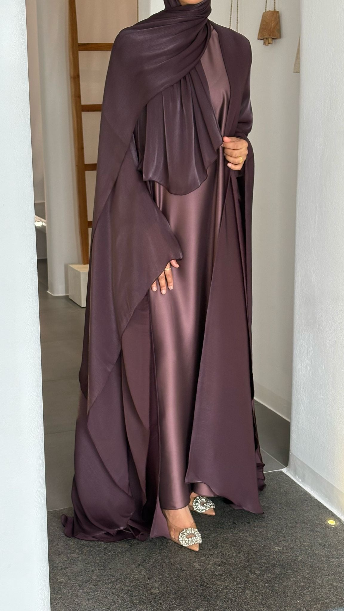 Festive Luxe 3-Piece Abaya Set – Plum Wine