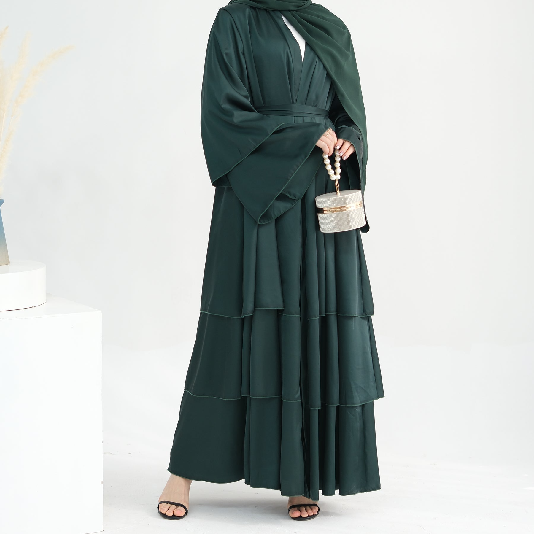 Liyana Layered Satin Open Abaya – Dark Emerald