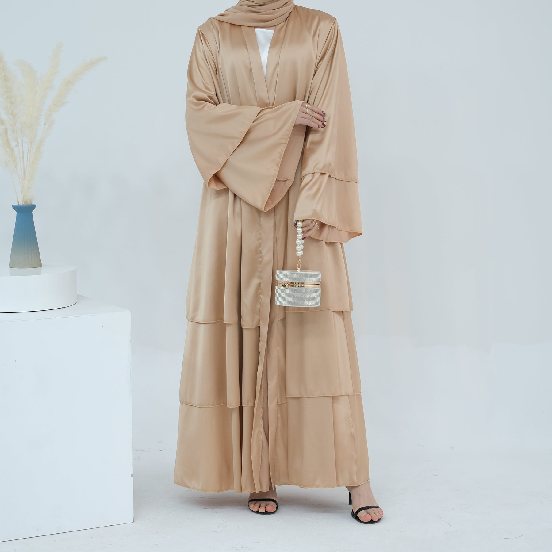 Liyana Layered Satin Open Abaya – Champagne