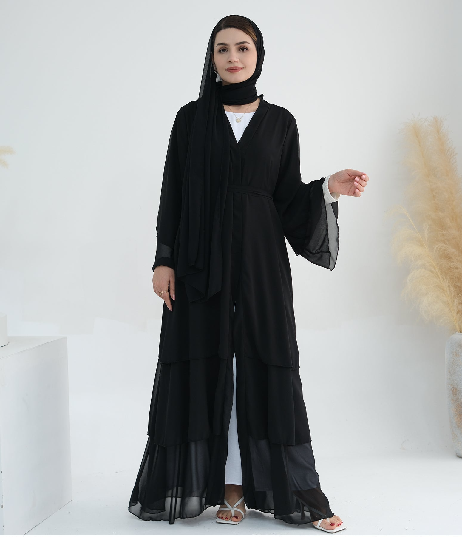 Noor Layered Hem Chiffon Open Abaya – Black