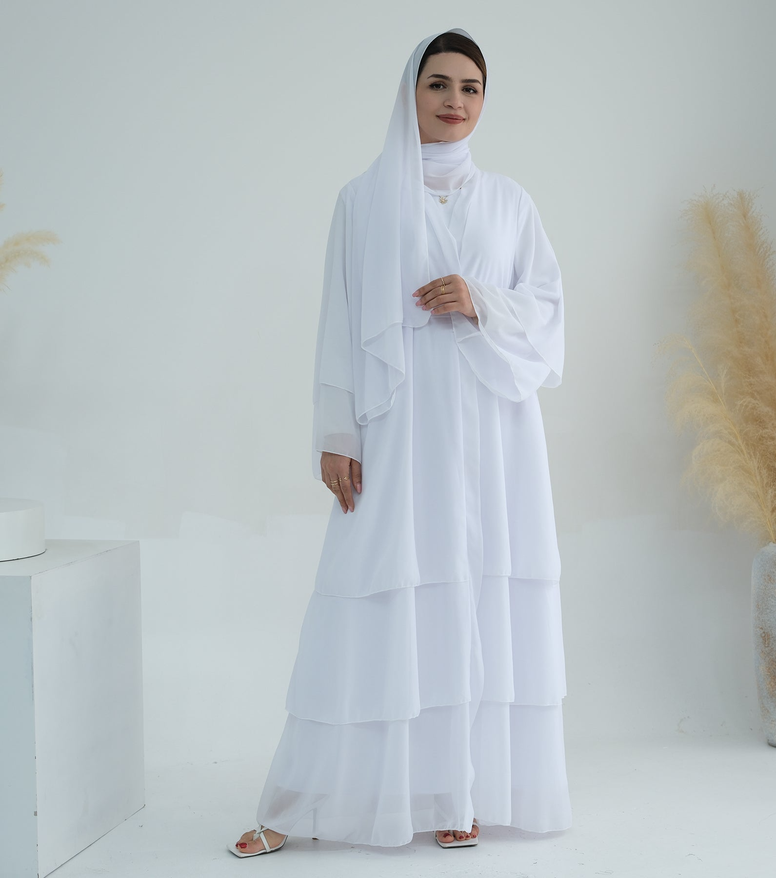 Noor Layered Hem Chiffon Open Abaya – White