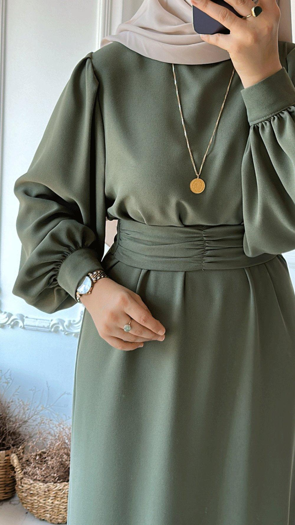 Balloon Sleeve Belted Dress – Green