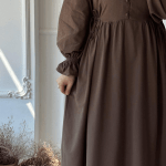 Buttoned Textured Modest Dress in Brown 2