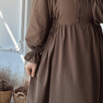 Buttoned Textured Modest Dress in Brown 2