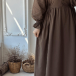 Buttoned Textured Modest Dress in Brown 2