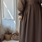 Buttoned Textured Modest Dress in Brown 2