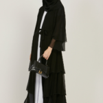Chiffon Layered Open Abaya in Black
