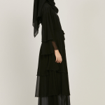 Chiffon Layered Open Abaya in Black