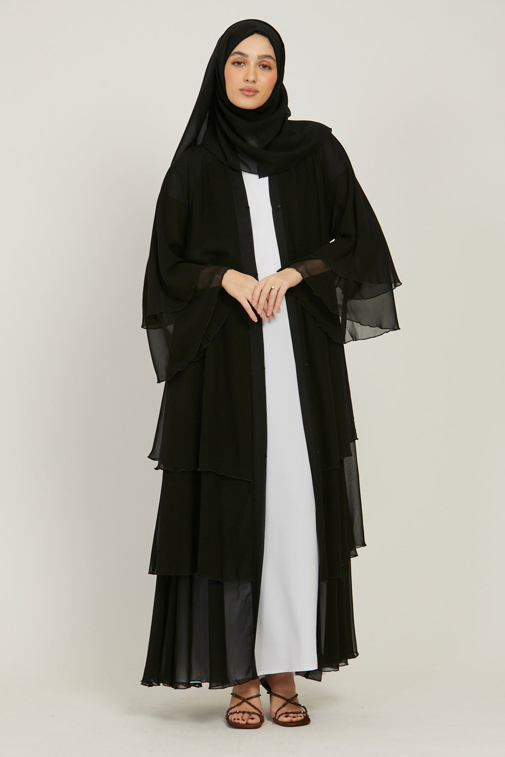 Chiffon Layered Open Abaya in Black