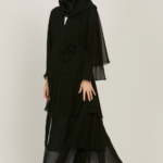 Chiffon Layered Open Abaya in Black