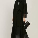 Chiffon Layered Open Abaya in Black