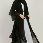 Chiffon Layered Open Abaya in Black