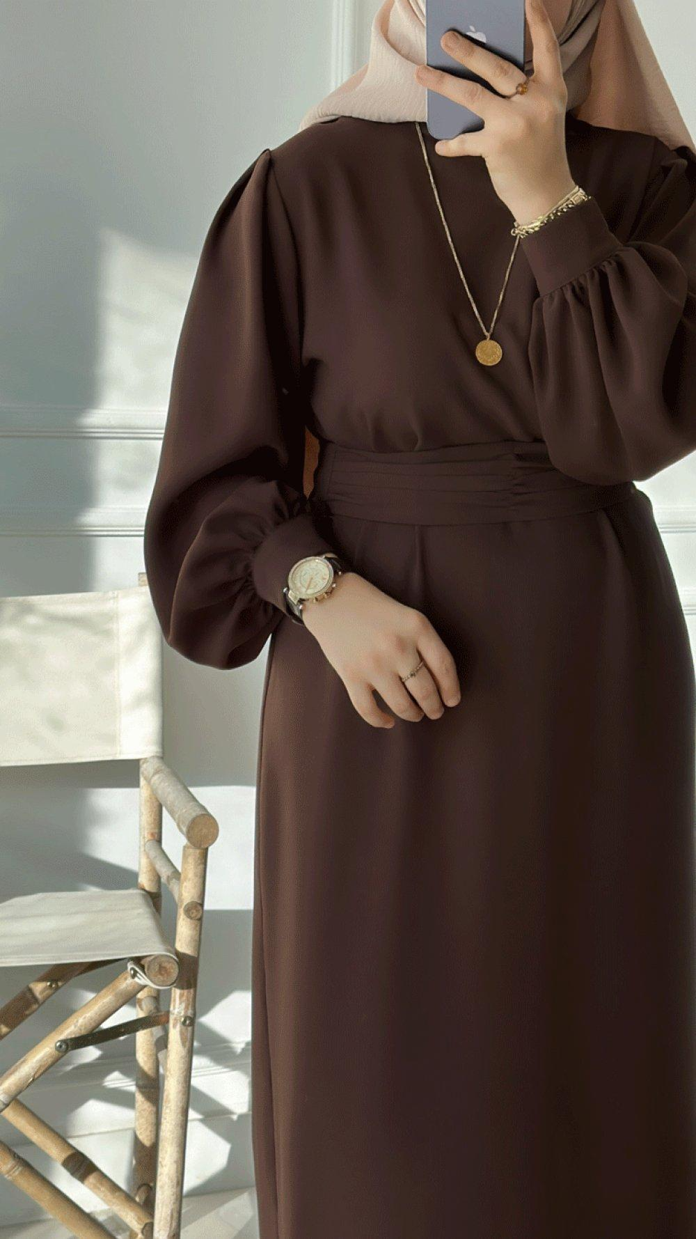 The Balloon Sleeve Belted Dress – Brown
