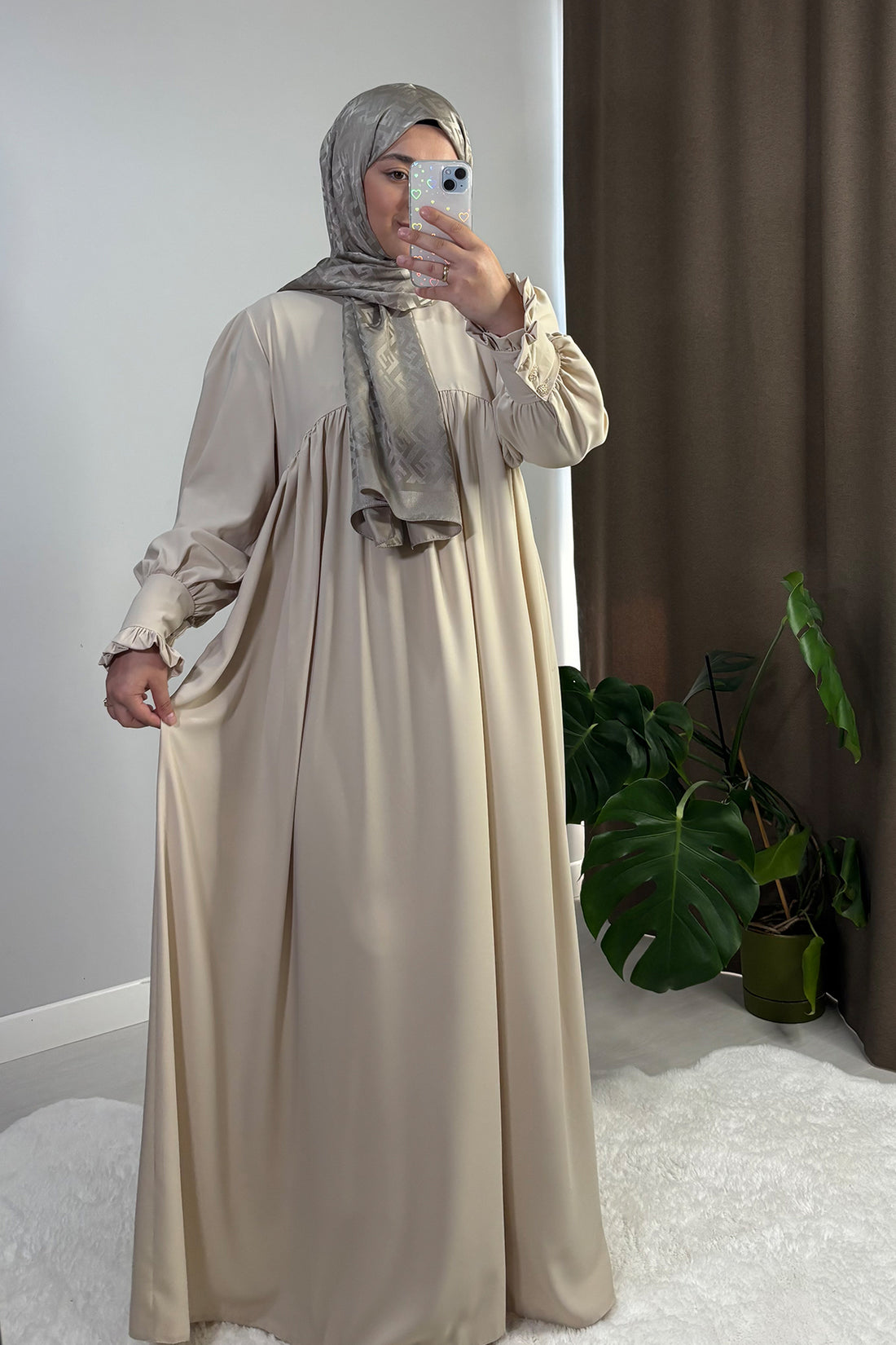 Mira Abaya: Modern Beige Cuffed Sleeves